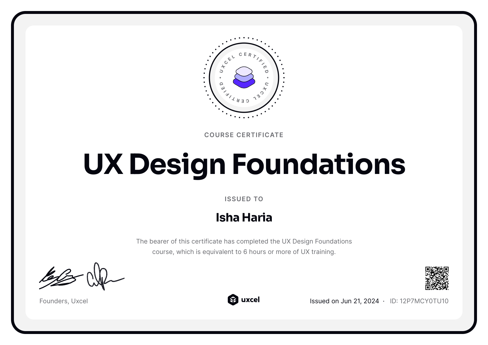 Isha Haria's certificate